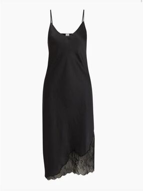 Aritzia Black Satin Slip Midi Dress with Lace Trim